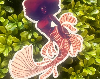 Afro Mermaid Vinyl Sticker: Lionfish Tail Art - Waterproof Decal