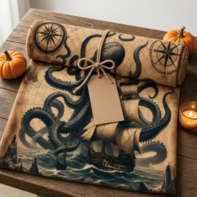 Op de afbeelding: Een opgerolde stof met een vintage kaartprint met een grote donkere octopus, een zeilschip en kompasrozen. De stof is vastgebonden met een bruin touwtje en een leeg rechthoekig papieren label, geaccentueerd door twee kleine oranje pompoenen.