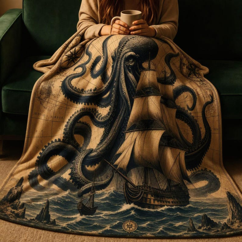 Op de afbeelding: Een zachte plaid met een gedetailleerde illustratie van een grote donkerblauwe octopus verstrengeld met een vintage zeilschip op een beige achtergrond met een zeekaartontwerp. De sc&egrave;ne bevat woelige oceaangolven en rotsformaties.