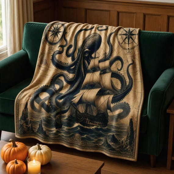 Kraken Blanket, Nautical Map Velveteen Throw, Sea Monster and Ship Art, Vintage Pirate Decor, Dark Academia Gift for Him