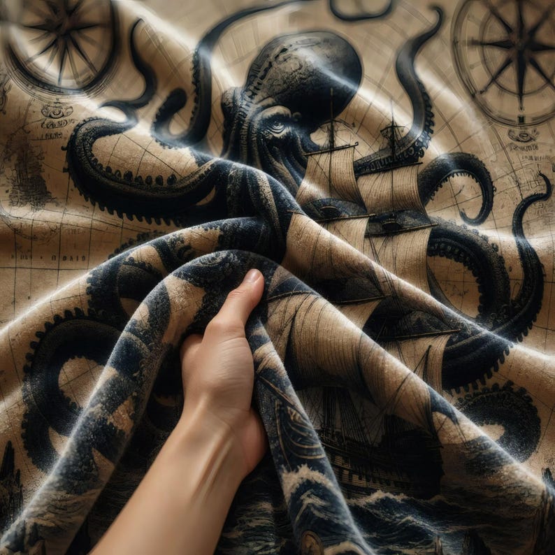 Op de afbeelding: Een stof met een nautische kaartprint in vintage-stijl in beige en donkerblauwe tinten. Het ontwerp toont een grote octopus met kronkelende tentakels, een zeilschip op woelige golven en kompasrozen die in de achtergrond zijn verwerkt.