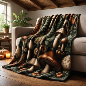 May include: A dark green throw blanket featuring a repeating pattern of various brown and tan mushrooms, orange autumn leaves, and green fern fronds. The soft fabric displays detailed botanical illustrations of fungi and forest foliage throughout.