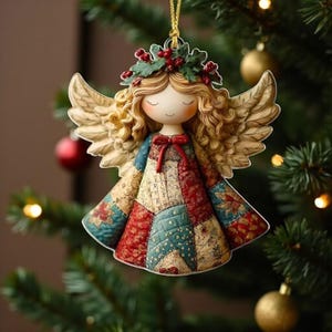 May include: A Christmas tree ornament shaped like an angel with blonde hair, large feathered wings, and a wreath of green leaves and red berries. The angel wears a dress featuring a patchwork pattern of red, blue, and cream fabric with a red bow.