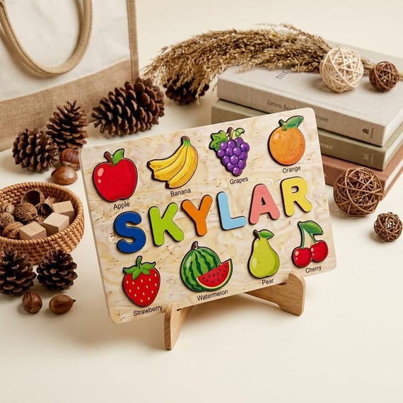 Kawaii fruit-themed peg puzzle with a whimsical watermelon-and-strawberry aesthetic — the kind of visually striking, artisan toddler toy you'd see in a design-forward nursery.
