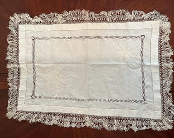 Vintage White Linen Runner, Embroidered Crochet Trim