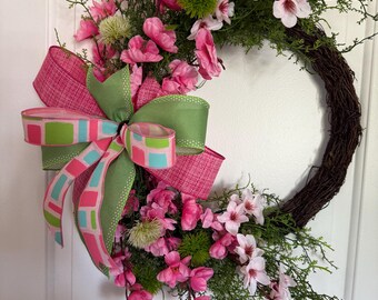 Pink Cherry Blossom Spring Wreath for Front Door | Grapevine Wreath with Greenery & Designer Bow | Bright Summer Wreath | Mother’s Day