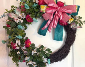Corona de mariposas hecha a mano, decoración floral rosa para puerta, primavera-verano.