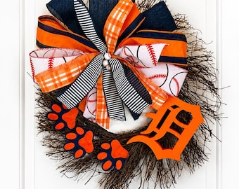 Corona de béisbol de los Detroit Tigers, decoración deportiva para puerta en naranja y azul marino, corona de vid de 45 cm.