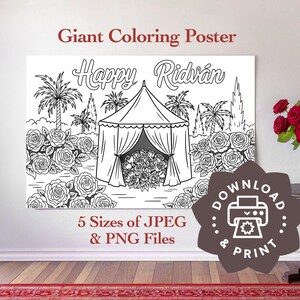 Op de afbeelding: Een zwart-witte kleurplaat met een tent met de woorden "Happy Ridvan" erboven. De tent wordt omringd door bloemen en palmbomen. De tekst "5 Sizes of JPEG & PNG Files" staat onder de afbeelding. Een bruine cirkel met de tekst "DOWNLOAD & PRINT" staat in de rechterbenedenhoek.