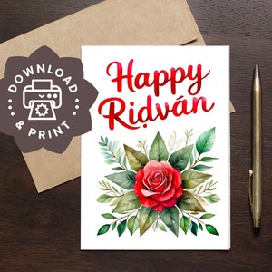 Tarjeta de felicitación de Ridván para imprimir / Descarga instantánea en PDF / Acuarela con letras a mano / Celebración de Bahai con la estrella de 9 puntas, el festival más grande, rosa