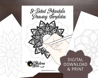 Set of 24 Mandala Drawing Guides for DIY 9-Pointed Stars / PDF Templates / Digital Download Practice Sheets / Printable Coloring Pages