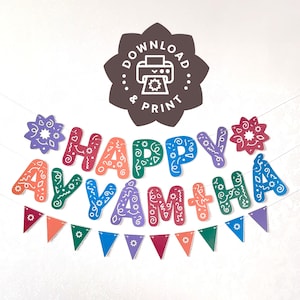 May include: A colorful banner with the words "Happy Ayyamaha" in a decorative font. The banner is made of paper and has a white background with colorful designs. The banner is perfect for a birthday party or other celebration.