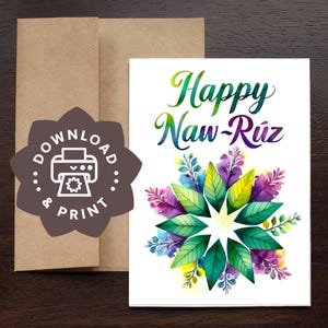 Tarjeta de felicitación de Feliz Naw-Rúz / Descarga instantánea en PDF / Acuarela manuscrita / Estrella de 9 puntas para celebrar el Año Nuevo Baha'í