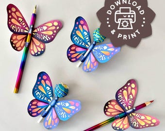 Printable Butterfly Joy Cards Valentines | Children's Class PDF Download | Joy Gives Us Wings Bahai Quote AyyamiHa Gift Tag Lollipop Pencil