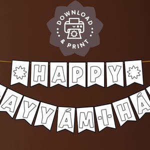May include: Printable banner with the text "Happy Ayyam-i-Ha" in white letters on a white background. The banner is decorated with stars.
