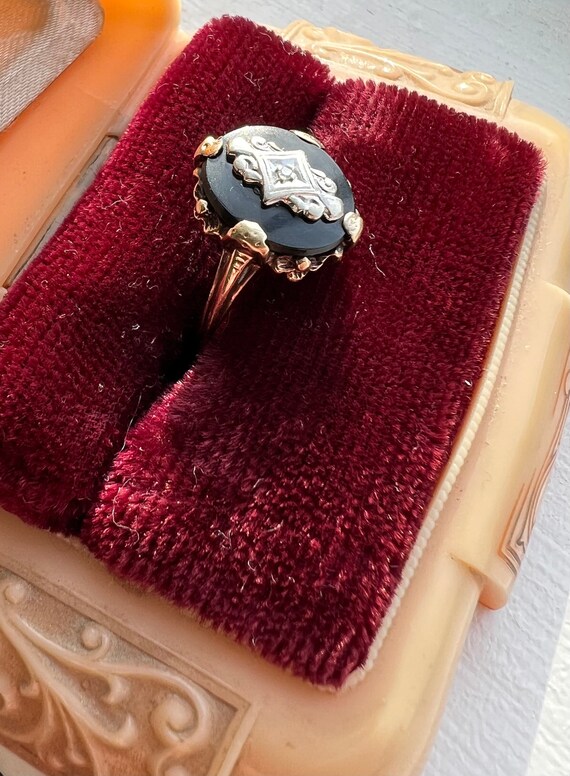 Antique Estate 10K Yellow Gold Black Onyx and Diam