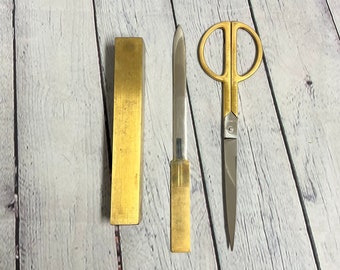 Vintage Mid Century Brass Scissors, Letter Opener & Holder - Community Bank Advertising- Italy