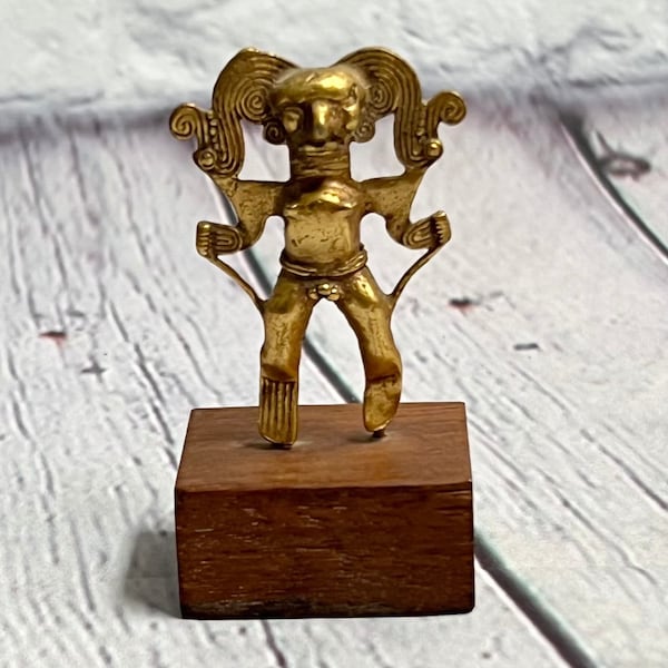 Vintage ALVA Studios Gold Tone Metal Reproduction Pre-Colombian Shaman - Mayan Aztec God Deity Figure