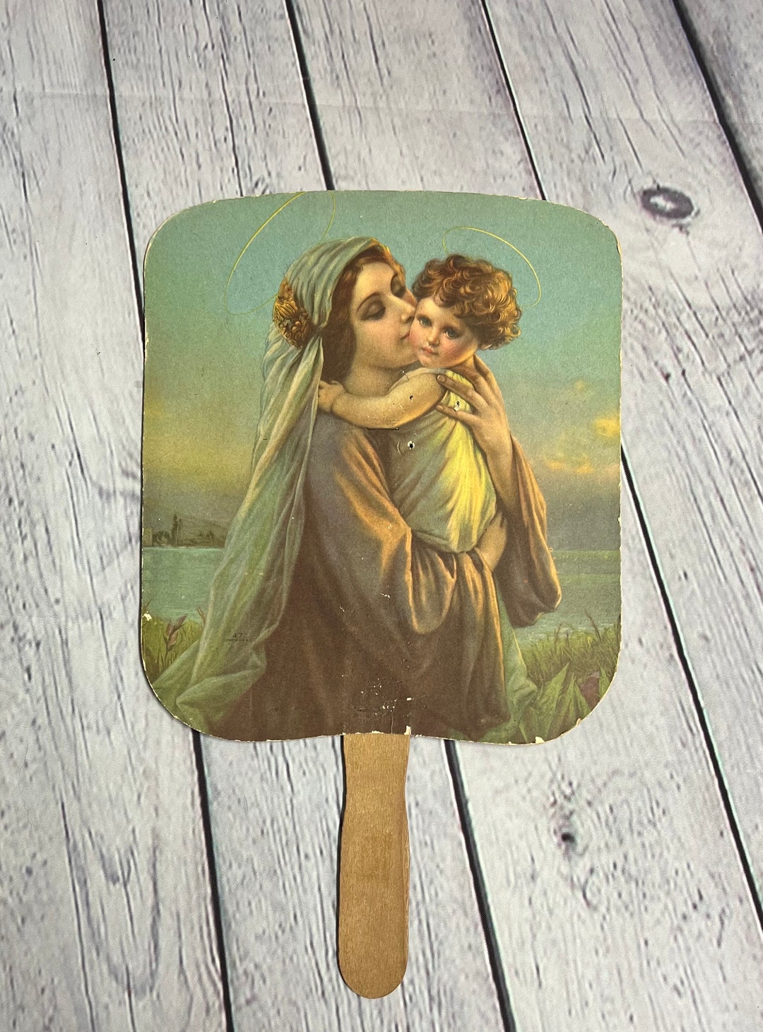 Antique Madonna and Child Advertising Hand Fan Wilkinson & Wiseman