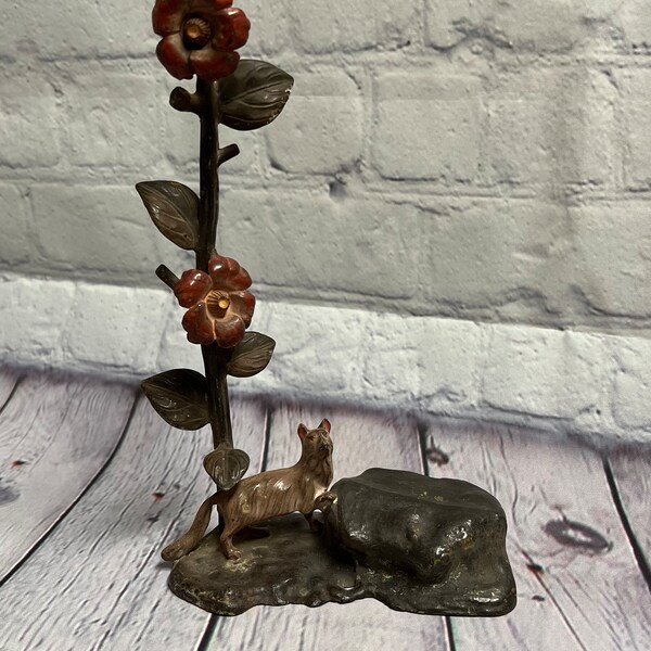 Vintage Metal Dog and Flower Art Sculpture