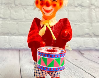 Vintage Style Wind-Up Musical Circus Clown Toy with Drum - Works