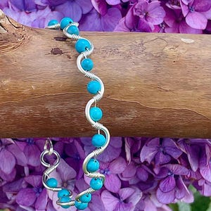 6.75in. Turquoise Blue Beaded Bracelet, Wire Wrapped, Handcrafted Non Tarnish Silver, Minimalist Jewelry, Stackable, Gift for Her, Timeless