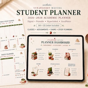 Könnte beinhalten: Ein digitales Studentenplaner-Set mit Erdbeer-Matcha-Motiv. Das Display zeigt ein Dashboard mit Bereichen für Studium, Planung und Aufgaben. Enthält gedruckte Wochen- und Tagesplanerseiten, ein Glas Matcha-Latte und frische Erdbeeren.