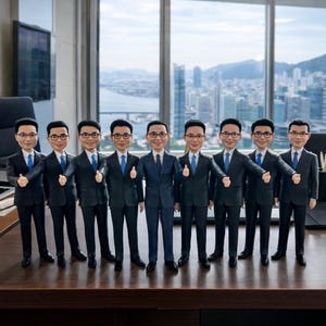 Pode incluir: Nove figuras em miniatura de homens de terno e gravata, cada um usando óculos, em pé sobre uma superfície de madeira. Eles estão fazendo um gesto de polegar para cima. Uma paisagem urbana é visível através de uma grande janela ao fundo.