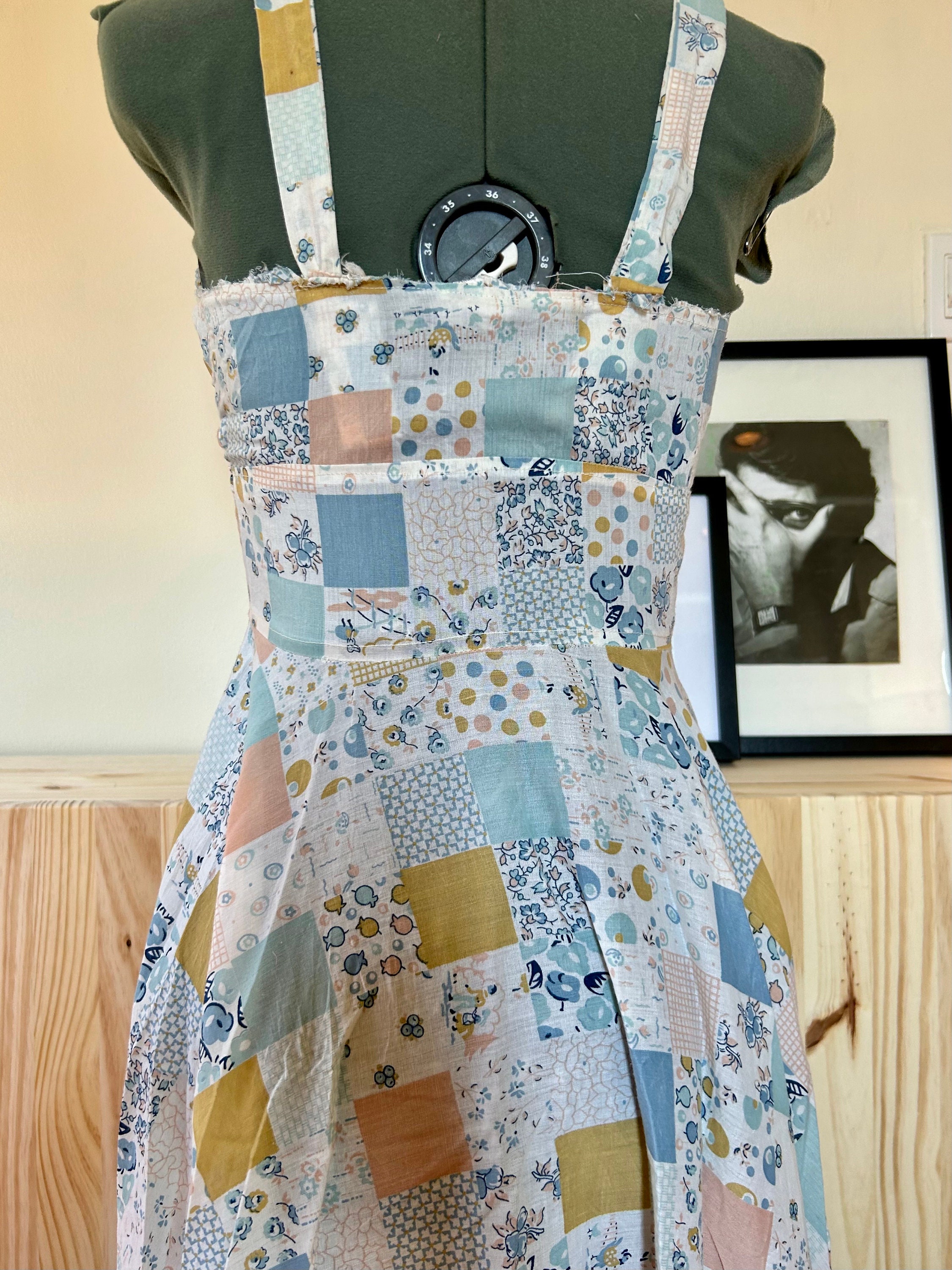 pastel patchwork dress 1970's Vintage Pastel Quilted Patchwork Dress