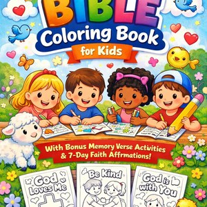 Puede incluir: Un colorido libro para colorear para niños titulado "30-Day Bible Coloring Book for Kids". La portada presenta ilustraciones de niños coloreando, junto con un cordero, pájaros y un arcoíris. Incluye actividades de versículos de memoria y afirmaciones de fe.