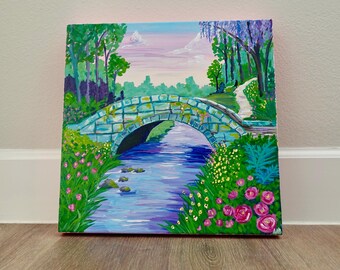 Pasaje de Piedra y Pétalos – Pintura de paisaje original, 14x14, acrílico sobre lienzo