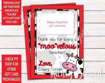 Chick-fil-A Inspired Teacher Appreciation Week Gift, Teacher Thank You Note, End of the Year Gift Gift Card Personalized DIY Printable Card