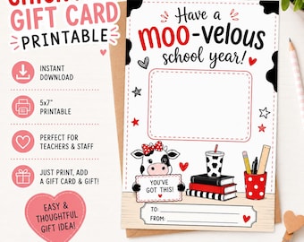 Teacher Gift Card Holder Printable | Back to School Teacher Appreciation | Cute Cow Gift Card Holder | First Day of School | 5x7 Download