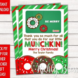 INSTANT DOWNLOAD Dunkin Donuts Inspired Christmas Teacher Gift, Holiday Teacher Gift 5x7 Gift Card DIY Printable