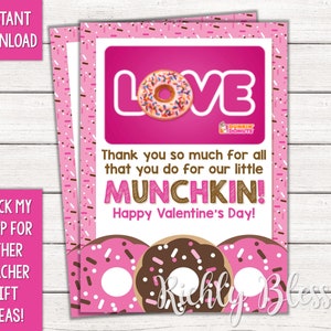 INSTANT DOWNLOAD Dunkin Donuts Inspired Valentine's Day Teacher Appreciation Gift Teacher Thank You Note 5x7 Gift Card Holder DIY Printable