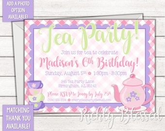 Tea Party Invitation Invite Digital Printable Pink Purple Green Gingham Scallops Teapot Teacups Birthday Invitation Girl Tea Party Birthday