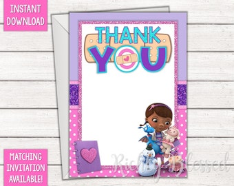 Doc McStuffins geïnspireerd dank u kaart, notitiekaart, afdrukbare verjaardagsfeestdecoratie, feestartikelen, roze paars Aqua INSTANT DOWNLOAD