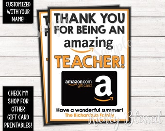 Amazon Inspired Teacher Appreciation Week Gift Teacher Thank You Note End of the Year Gift 5x7 Gift Card Personalized DIY Printable Card