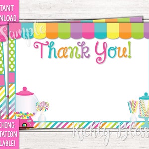 May include: Candy-themed thank you card with a colorful striped border and a gumball machine and candy jar illustration. The text "Thank You!" is written in a whimsical font.