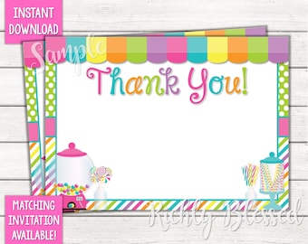 INSTANT DOWNLOAD Candy Birthday Thank You Card, Sweet Shoppe Thank You Note, Candyland Party, Sweet Shop Birthday Candy Shop Party Printable