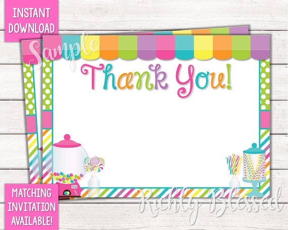 INSTANT DOWNLOAD Candy Birthday Thank You Card, Sweet Shoppe Thank.