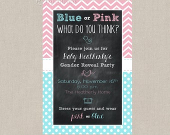 Printable Baby Gender Reveal Party Invitation - Pink and Blue - Chevron, Polka Dot, Chalkboard