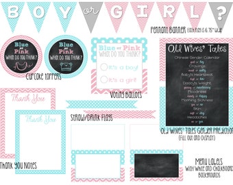 Baby Gender Reveal DIY Printable Party Kit - Pink and Blue, Chevron, Chalkboard, Polka Dot - Blue or Pink : What Do You Think ?