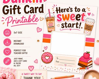 Dunkin Gift Card Holder Printable, Teacher Appreciation Gift, Back to School Teacher Gift, Coffee Gift Card Holder PDF 5x7
