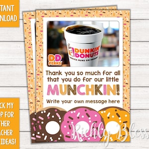 TÉLÉCHARGEMENT INSTANTANÉ Dunkin Donuts Inspiré Professeur Appréciation Professeur Merci Fin de l'année Professeur Cadeau 5x7 Carte-cadeau DIY Imprimable