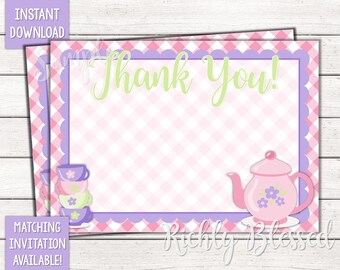 INSTANT DOWNLOAD Tea Party Birthday Thank You Note Thank You Card DIY Printable Pink and Purple Girly Tea Party Birthday