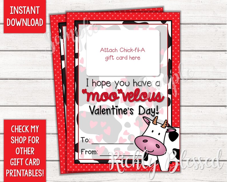 INSTANT DOWNLOAD Chick-fil-A Inspired Gift Card Valentines Day | Etsy