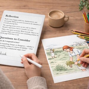 Puede incluir: Una persona escribe en una tableta digital con el texto "Reflexión" y "Preguntas a considerar". Un dibujo de una mujer cosechando trigo está en un papel junto a la tableta. Una taza de café y lápices también están sobre la superficie de madera.
