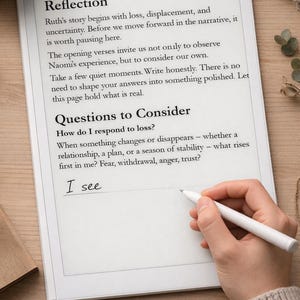Peut inclure: Une tablette numérique affichant du texte sur la réflexion et des questions à considérer. Le texte comprend des phrases comme "perte, déplacement et incertitude". Une main tenant un stylet blanc est visible, prête à écrire sur l'écran. Le texte "I see" est écrit sur l'écran.