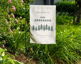 Welcome Garden Flag, Personalized Camp Sign Style Yard Decor, Mountain Adventure Outdoor Flag